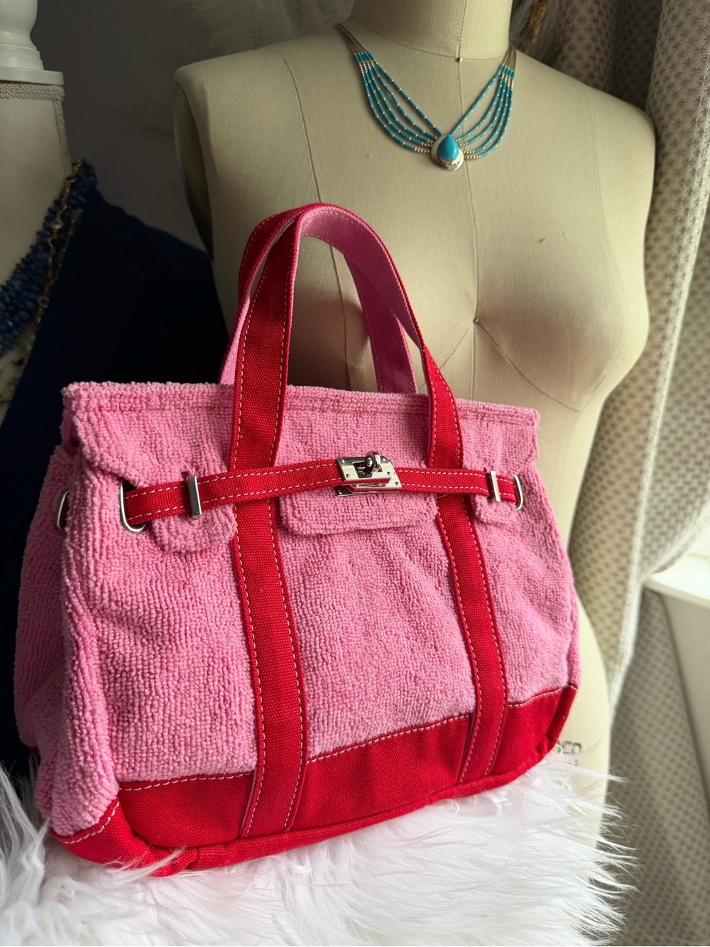 SUNWIN | Madaket Bubble Gum/Lobster Red Terry and Cotton Small Tote Handbag
